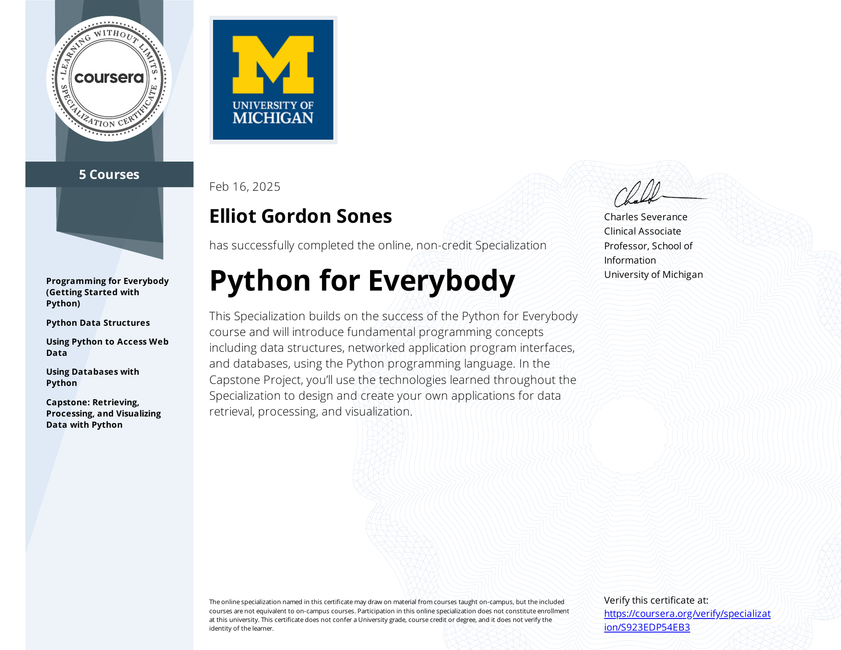 Python for Everybody certificate